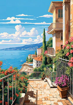 French Riviera travel postcard illustration. Generative AI, Generative AI