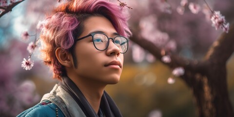 Non-binary person portrait with cherry blossoms trees. Generative AI, Generative AI