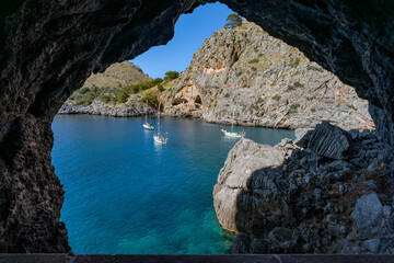 Cruise ships moored in the bay, Sa Calobra, Escorca, Paraje Natural de la Serra de Tramuntana,...