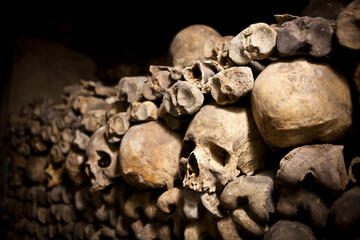 Inside the famous underground catacombs burial area in Paris.