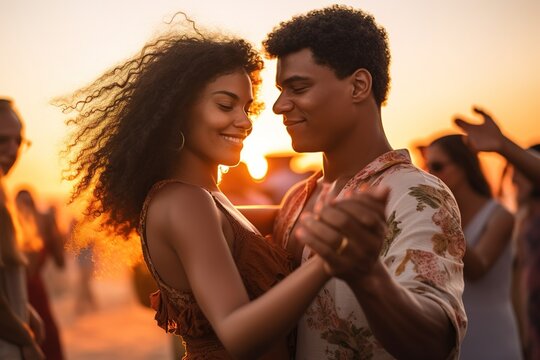 Young Brazilian couple dancing in the beach. Generative AI, Generative AI