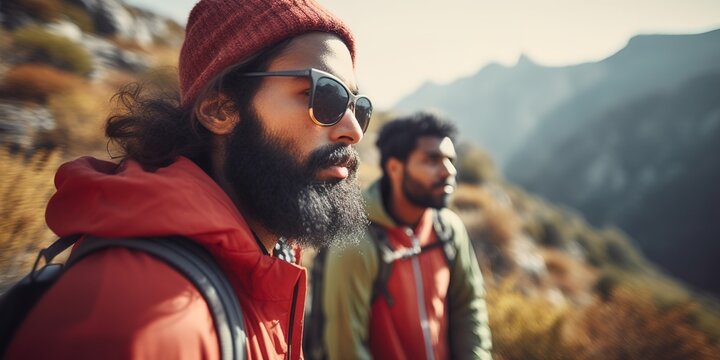 Indian men hiking in the Himalaya Range. Generative AI, Generative AI