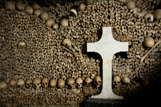 Inside the famous underground catacombs burial area in Paris.