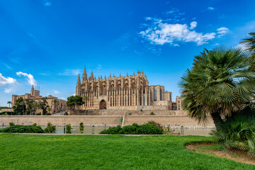 Fototapeta premium Gothic medieval cathedral La Seu and Royal Palace of La Almudaina. Capital city Palma de Mallorca. Balearic Islands Spain. Travel agency vacation concept.
