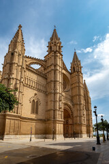 Gothic medieval cathedral La Seu and Royal Palace of La Almudaina. Capital city Palma de Mallorca. Balearic Islands Spain. Travel agency vacation concept.
