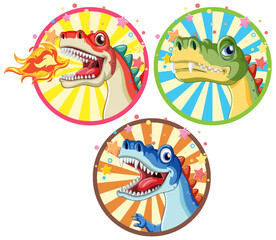 Set of dinosaur on circle comic sticker template