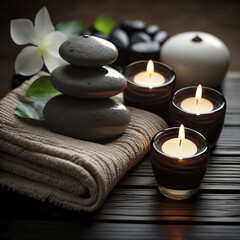 Fototapeta na wymiar Spa massage stones with candles and towels on bamboo. Relaxing atmosphere, soft lights, meditation and wellness concept. AI generated.