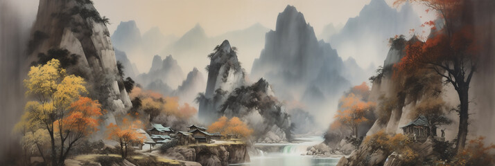 Suspended Chinese landscape in the haze: an image of serenity. Ink painting of a valley with waterfalls, mountains and trees. 