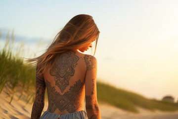 Illustration of woman back with tattoo art