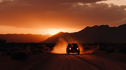 The photo showcases a lone car in the vast desert, bathed in the warm glow of the setting sun. The rugged terrain stretches endlessly, highlighting the isolation and adventure of the scene. The striki