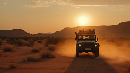 The photo showcases a lone car in the vast desert, bathed in the warm glow of the setting sun. The rugged terrain stretches endlessly, highlighting the isolation and adventure of the scene. The striki