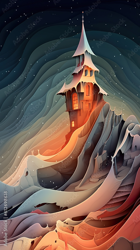 Poster a castle in the middle of a mountain at night. generative ai. abstract wavy patterns in blue and ora