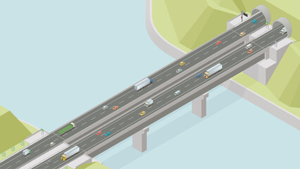 アイソメトリック図法で描いた日本の高速道路の橋とトンネルのイメージ / Isometric illustration : Japanese expressway bridge and tunnel - obrazy, fototapety, plakaty