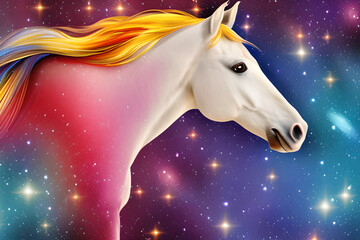 Plakat Colorful horse on a galaxy background illustration. Generative AI.