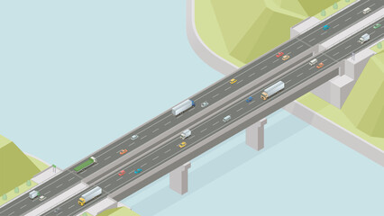 アイソメトリック図法で描いた日本の高速道路の橋のイメージ / Isometric illustration : Japanese expressway bridge - obrazy, fototapety, plakaty