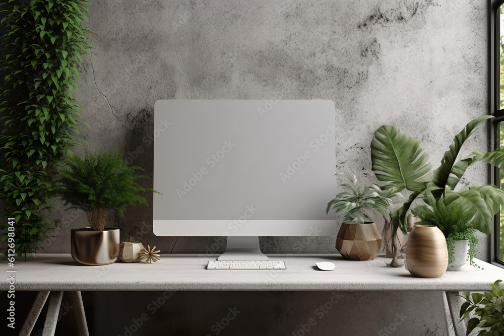 Poster a desktop computer sitting on top of a white desk. generative ai. blank computer screen mockup.