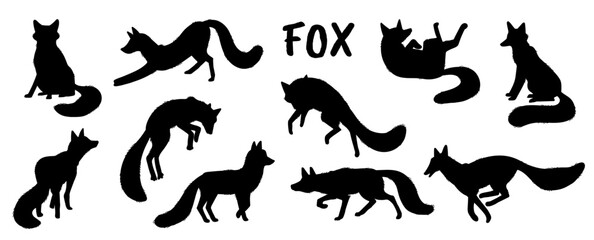 Set of black fox silhouettes in different poses flat style, vector illustration