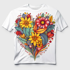 A white t-shirt with a colorful floral design. Generative AI.