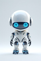 A white robot with blue eyes standing in front of a white background. Generative AI.