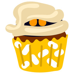 Vector cartoon cupcake with cream in the form of a mummy with glowing eyes. Cartoon Halloween theme for kids. Funny autumn cartoon dessert for Halloween. Drawing for postcards, party invitations