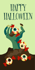 A scary zombie hand crawling out of the ground in the hand of candy in the form of eyes on a white background, a postcard for a Halloween party. Vector illustration. Printing on textiles and paper