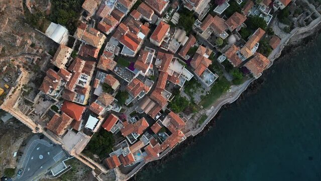 Aerial view of the old town of Monemvasia, Greece at sunrise