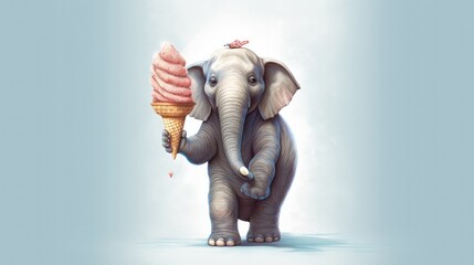 A happy elephant holding a massive ice cream cone with its trunk, enjoying the cold treat with a wide grin - Generative ai