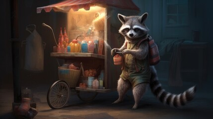 Fototapeta na wymiar A sneaky raccoon standing on its hind legs, reaching into an ice cream cart and stealing a cone, its mischievous eyes gleaming with delight - Generative ai
