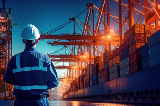 industry with cargo ship engineer worker.