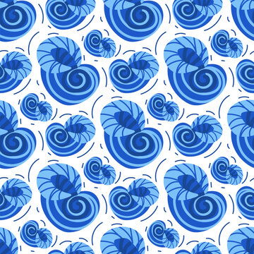 A pattern with cartoon blue swirling shells, a house for a snail. Vector illustration on the marine theme. Printing on textiles and paper. Wrapping paper, clothing, children's themes