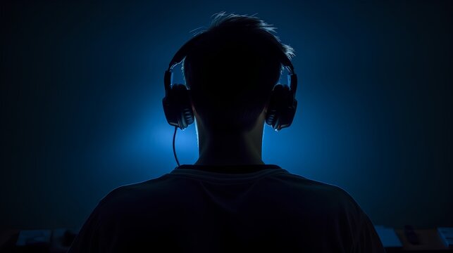 Concept of gaming addiction, featuring back view of a boy sitting in a dark room, lit by the glow of a screen. Capturing immersive nature of excessive gaming and its potential risks. Generative AI