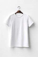 A white t-shirt hanging on a hanger. Generative AI. Tshirt mockup, copy space.