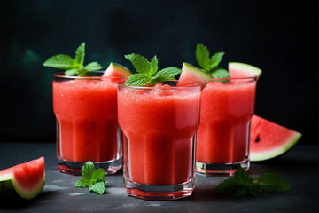 watermelon juice and fruit chunks and fresh mint leaves
