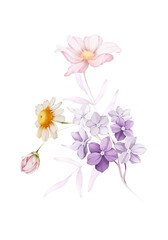 Bouquet of flowers on a white background. Watercolor illustration for greeting card