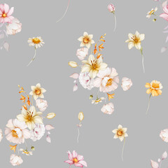 Seamless pattern with bouquets of lilies, daffodils, poppies in a watercolor style