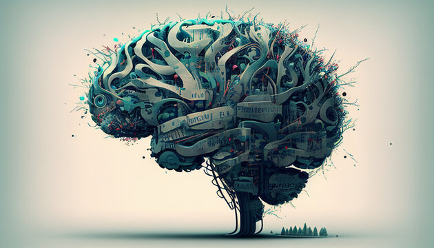 Menschliches Gehirn wächst wie aus einem Baum heraus digital 3d Symbol Darstellung Biologie Unterricht, Generative AI 