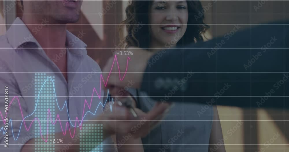 Poster animation of financial data processing over caucasian couple receiving keys