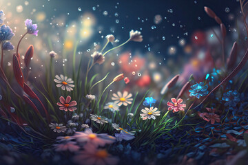 Obraz na płótnie Canvas spring field of flowers with flying petals