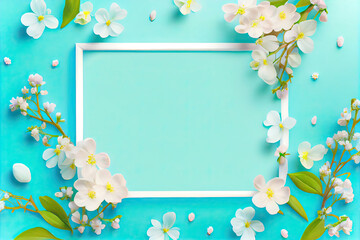 spring nature background with lovely blossom,Flower photo frame background, cyan background, white flowers