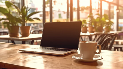 A laptop computer sitting on top of a wooden table. Generative AI. Laptop, portable computer mockup.
