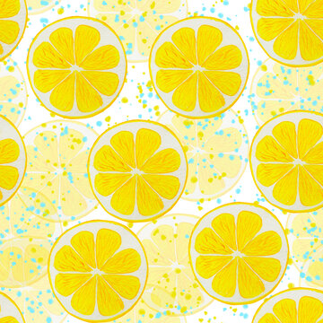 Lemon slices round watercolor seamless pattern. Endless background of yellow citrus fruits. Hand drawn lemonade backdrop. For fabric and wallpaper. Summer print.