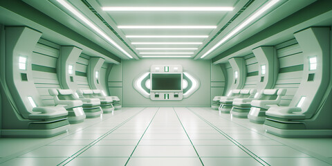 Obraz premium A row of white chairs in a room. Generative AI.