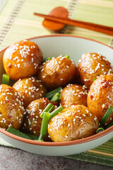 Gamja Jorim Korean Braised Potatoes with sesame seeds and green onion closeup on the bowl on the table. Vertical