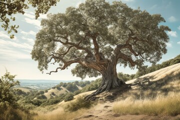 Fototapeta na wymiar Drawing of a majestic oak tree on a hill. Generative AI