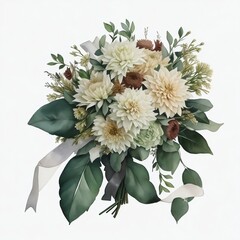 Wedding bouquet with dahlias, green leaves and white ribbons AI Generative