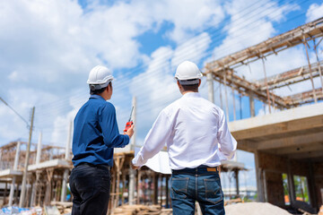2 Asian male engineers, mechanic manager Turning back to look at the place that was built about the...