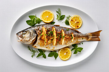 grilled fish on a white plate, Generative AI