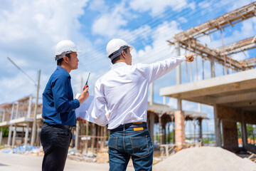 Half body portrait of 2 Asian male engineers, mechanic manager pointing to the building of the architecture industry holding blueprints, wearing uniforms, helmets, and radio communications