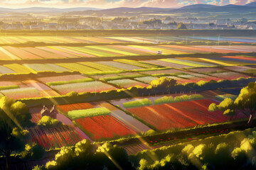 Vast tulip farm seen from the air, Generative AI