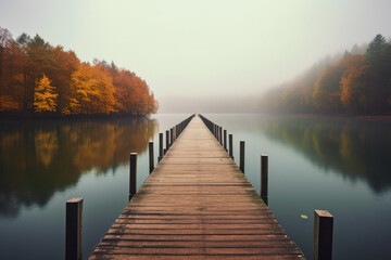 foggy lake and long pier, Generative AI